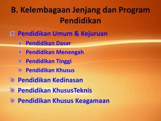 B. Kelembagaan Jenjang dan Program
Pendidikan
Pendidikan Umum & Kejuruan
Pendidikan Dasar
Pendidikan Menengah
Pendidikan Tinggi
Pendidikan Khusus
Pendidikan Kedinasan
Pendidikan KhususTeknis
Pendidikan Khusus Keagamaan
 