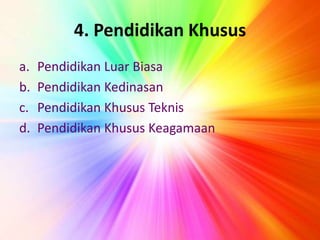 4. Pendidikan Khusus
a. Pendidikan Luar Biasa
b. Pendidikan Kedinasan
c. Pendidikan Khusus Teknis
d. Pendidikan Khusus Keagamaan
 