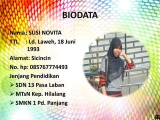 BIODATA
Nama: SUSI NOVITA
TTL : Ld. Laweh, 18 Juni
1993
Alamat: Sicincin
No. hp: 085767774493
Jenjang Pendidikan
 SDN 13 Pasa Laban
 MTsN Kep. Hilalang
 SMKN 1 Pd. Panjang
 