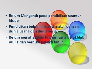 • Belum Mengarah pada pendidikan seumur
hidup
• Pendidikan belum link and match dengan
dunia usaha dan dunia kerja
• Belum menghasilkan lulusan yang berakhlak
mulia dan berbudi pekerti luhur
 