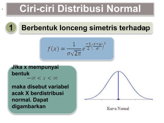 Berbentuk lonceng simetris terhadap
Ciri-ciri Distribusi Normal.
Jika x mempunyai
bentuk
maka disebut variabel
acak X berdistribusi
normal. Dapat
digambarkan
1