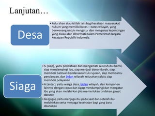 Lanjutan…
•Kelurahan atau istilah lain bagi kesatuan masyarakat
hukum yang memiliki batas – batas wilayah, yang
berwenang untuk mengatur dan mengurus kepentingan
yang diakui dan dihormati dalam Pemerintah Negara
Kesatuan Republik Indonesia.
Desa
•Si (siap), yaitu pendataan dan mengamati seluruh ibu hamil,
siap mendampingi ibu, siap menjadi donor darah, siap
memberi bantuan kendaraanuntuk rujukan, siap membantu
pendanaan, dan bidan wilayah kelurahan selalu siap
memberi pelayanan
•A (antar), yaitu warga desa, bidan wilayah, dan komponen
lainnya dengan cepat dan sigap mendampingi dan mengatur
ibu yang akan melahirkan jika memerlukan tindakan gawat
darurat
•Ga (jaga), yaitu menjaga ibu pada saat dan setelah ibu
melahirkan serta menjaga kesehatan bayi yang baru
dilahirkan
Siaga
 