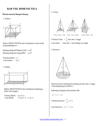 BAB VIII. DIMENSI TIGA
                                                        3. Limas
Macam-macam Bangun Ruang :

1. Kubus :




                                                                         1
                                                        Volume Limas =      luas alas x tinggi
                                                                         3
Kubus ABCD. EFGH di atas mempunyai rusuk-rusuk          Luas limas = luas alas + luas bidang sisi tegak
yang panjangnya a.

Panjang diagonal bidang (AH) = a 2                      4. Kerucut
Panjang diagonal ruang (BH) = a 3

Volume Kubus = a 3
Luas Kubus = 6 a 2


2. Balok:




                                                        Kerucut di atas mempunyai panjang jari-jari alas r, tinggi
                                                        t dan panjang garis pelukis s.
 Balok ABCD.EFGH di atas mempunyai panjang p,
 lebar l dan tinggi t.                                  hubungan ketiganya dirumuskan sbb:

 Volume Balok = p x l x t                                s2 = r2 + t2
 Luas Balok   = 2 ( p.l + l . t + p. t )
                                                                            1    2
                                                        Volume Kerucut =      π r t
                                                                            3

                                                        Luas Kerucut = π r 2 + π r s




                                           www.belajar-matematika.com - 1
 
