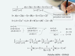 ( ) ( ) ( ) ( )12
)2()1()1)(2(
12
1
2
2
2
−+
++−+−+
=
−+ xx
xCxBxxA
xx
2
)2()1()1)(2(1 ++−+−+= xCxBxxA
)24()4()(1 2
BACxCBAxCA −−+++++=
Penyebut ruas kiri =
penyebut ruas kanan 
A+C=0
A+B+4C=0
-2A-B+4C=1
A+B+4C=0
-2A-B+4C=1 +
-A+8C=1
A+C=0
-A+8C=1
+
9C=1 C=1/9
A=-1/9
B=-1/3
( ) ( ) ( ) ( ) ( )
dx
x
dx
x
dx
x
dx
xx ∫∫∫∫ −
+
+
−
+
−
=
−+ 1
1
9
1
2
1
3
1
2
1
9
1
12
1
22
Cx
x
x +−+
+
++−= |1|ln
9
1
)2(3
1
|2|ln
9
1
Fakultas MIPAFakultas MIPA -- UNPADUNPAD
 