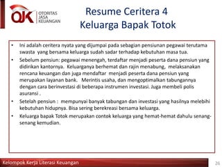 Kelompok Kerja Literasi Keuangan
Resume Ceritera 4
Keluarga Bapak Totok
26
• Ini adalah ceritera nyata yang dijumpai pada sebagian pensiunan pegawai terutama
swasta yang bersama keluarga sudah sadar terhadap kebutuhan masa tua.
• Sebelum pensiun: pegawai menengah, terdaftar menjadi peserta dana pensiun yang
didirikan kantornya. Keluarganya berhemat dan rajin menabung, melaksanakan
rencana keuangan dan juga mendaftar menjadi peserta dana pensiun yang
merupakan layanan bank. Merintis usaha, dan mengoptimalkan tabungannya
dengan cara berinvestasi di beberapa instrumen investasi. Juga membeli polis
asuransi .
• Setelah pensiun : mempunyai banyak tabungan dan investasi yang hasilnya melebihi
kebutuhan hidupnya. Bisa sering berekreasi bersama keluarga.
• Keluarga bapak Totok merupakan contok keluarga yang hemat-hemat dahulu senang-
senang kemudian.
 