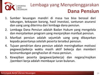 Kelompok Kerja Literasi Keuangan
Lembaga yang Menyelenggarakan
Dana Pensiun
1. Sumber keuangan mandiri di masa tua bisa berasal dari
tabungan, kekayaan barang, hasil investasi, santunan asuransi
dan uang yang diterima dari lembaga dana pensiun.
2. Lembaga Dana Pensiun adalah Badan Hukum yang mengelola
dan menjalankan program yang menjanjikan manfaat pensiun.
3. Manfaat pensiun adalah sejumlah uang yang dibayarkan
kepada pesertanya setelah peserta tersebut pensiun.
4. Tujuan pendirian dana pensiun adalah meningkatkan motivasi
pegawai/pekerja waktu masih aktif bekerja dan memberi
kesinambungan penghasilan di masa pensiun.
5. Kewajiban peserta (pegawai/pekerja) dan negara/majikan
/pemberi kerja adalah membayar iuran bulanan.
29
 