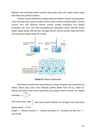 121
Membran semi permeabel adalah membran yang dapat dilalui oleh molekul pelarut tetapi
tidak dilalui oleh partikel zat terlarut.
Tekanan osmosis didefinisikan sebagai besarnya kelebihan tekanan yang digunakan
untuk mencegah aliran pelarut ke dalam larutan melalui membran semipermeabel. Ternyata
menurut Van’t Hoff, besarnya tekanan osmosis tersebut berbanding lurus dengan
konsentrasi dan suhu. Dari hasil penyelidikannya disimpulkan bahwa sifat-sifat larutan
adalah analog dengan sifat-sifat gas, sehingga tekanan osmosis tersebut dapat diturunkan
dari persamaan keadaan Boyle dan Charles.
Gambar 6.5 Tekanan osmotik larutan
Nilai tekanan osmosis akan berbanding lurus dengan kerapatan atau konsentrasi zat
terlarut. Satuan yang cocok untuk kerapatan partikel adalah fraksi mol (x2). Selain itu,
tekanan uap pelarut suatu larutan berbanding lurus dengan tekanan osmotik, dan didapat
 RT 
hubungan:   
V
 x2
 1 
Jika larutan encer, maka
x2
V1
dipakai adalah  = C.R.T
akan sama dengan molaritas zat, sehingga rumus yang sering
dengan  = tekanan osmotik, C = molaritas zat terlarut, R = konstanta zat ideal dan T =
suhu mutlak.
 