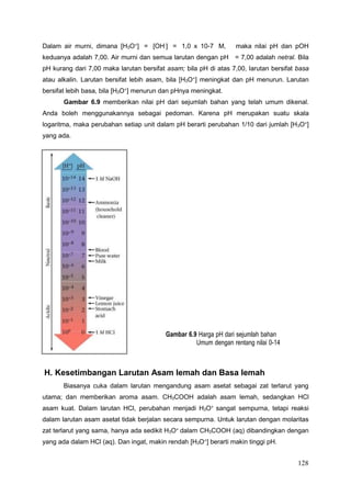 128
Dalam air murni, dimana [H3O+
] = [OH-
] = 1,0 x 10-7 M, maka nilai pH dan pOH
keduanya adalah 7,00. Air murni dan semua larutan dengan pH = 7,00 adalah netral. Bila
pH kurang dari 7,00 maka larutan bersifat asam; bila pH di atas 7,00, larutan bersifat basa
atau alkalin. Larutan bersifat lebih asam, bila [H3O+
] meningkat dan pH menurun. Larutan
bersifat lebih basa, bila [H3O+] menurun dan pHnya meningkat.
Gambar 6.9 memberikan nilai pH dari sejumlah bahan yang telah umum dikenal.
Anda boleh menggunakannya sebagai pedoman. Karena pH merupakan suatu skala
logaritma, maka perubahan setiap unit dalam pH berarti perubahan 1/10 dari jumlah [H3O+]
yang ada.
Gambar 6.9 Harga pH dari sejumlah bahan
Umum dengan rentang nilai 0-14
H. Kesetimbangan Larutan Asam lemah dan Basa lemah
Biasanya cuka dalam larutan mengandung asam asetat sebagai zat terlarut yang
utama; dan memberikan aroma asam. CH3COOH adalah asam lemah, sedangkan HCl
asam kuat. Dalam larutan HCl, perubahan menjadi H3O+
sangat sempurna, tetapi reaksi
dalam larutan asam asetat tidak berjalan secara sempurna. Untuk larutan dengan molaritas
zat terlarut yang sama, hanya ada sedikit H3O+
dalam CH3COOH (aq) dibandingkan dengan
yang ada dalam HCl (aq). Dan ingat, makin rendah [H3O+
] berarti makin tinggi pH.
 