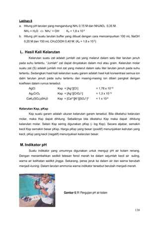 138
4
4
4
Latihan 8
a. Hitung pH larutan yang mengandung NH3 0,15 M dan NH4NO3 0,35 M.
NH3 + H2O  NH +
+ OH-
Kb = 1,8 x 10-5
b. Hitung pH suatu larutan buffer yang dibuat dengan cara mencampurkan 100 mL NaOH
0,20 M dan 150 mL CH3COOH 0,40 M. (Ka = 1,8 x 10-5
)
L. Hasil Kali Kelarutan
Kelarutan suatu zat adalah jumlah zat yang melarut dalam satu liter larutan jenuh
pada suhu tertentu. “Jumlah” zat dapat dinyatakan dalam mol atau gram. Kelarutan molar
suatu zat (S) adalah jumlah mol zat yang melarut dalam satu liter larutan jenuh pada suhu
tertentu. Sedangkan hasil kali kelarutan suatu garam adalah hasil kali konsentrasi semua ion
dalm larutan jenuh pada suhu tertentu dan masing-masing ion diberi pangkat dengan
koefisien dalam rumus tersebut.
AgCl Ksp = [Ag+
][Cl-
] = 1,78 x 10-10
Ag2CrO4 Ksp = [Ag+][CrO 2-] = 1,3 x 10-12
CaK2(SO4)26H20 Ksp = [Ca2+
][K+
][SO 2-
]2
= 1 x 10-9
Kelarutan Ksp, pKsp
Ksp suatu garam adalah ukuran kelarutan garam tersebut. Bila diketahui kelarutan
molar, maka Ksp dapat dihitung. Sebaliknya bila diketahui Ksp maka dapat dihitung
kelarutan molar. Selain Ksp sering digunakan pKsp (- log Ksp). Secara aljabar, semakin
kecil Ksp semakin besar pKsp. Harga pKsp yang besar (positif) menunjukkan kelrutan yang
kecil, pKsp yang kecil (negatif) menunjukkan kelarutan besar.
M. Indikator pH
Suatu indikator yang umumnya digunakan untuk menguji pH air kolam renang.
Dengan menambahkan sedikit tetesan fenol merah ke dalam sejumlah kecil air suling,
warna air kelihatan sedikit jingga. Sekarang, peras jeruk ke dalam air dan warna berubah
menjadi kuning. Dalam larutan ammonia warna indikator tersebut berubah menjadi merah.
Gambar 6.11 Pengujian pH air kolam
 