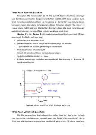 141
Titrasi Asam Kuat oleh Basa Kuat
Bayangkan kita menempatkan 20 mL HCl 0,50 M dalam sebuahlabu erlenmeyer
kecil dan titrasi asam kuat ini dengan menambahkan NaOH 0,50 M (basa kuat) dari buret.
Untuk menentukan data kurva titrasi, kita menghitung pH dari larutan yang terkumpul pada
bermacam-macam titik selama berlangsungnya titrasi. Kemudian, kita plot nilai-nilai pH ini
versus volume NaOH (aq) yang ditambahkan. Dari kurva titrasi kita dapat menentukan pH
pada titik ekivalen dan mengidentifikasi indikator yang tepat untuk titrasi.
Gambar 6.14 dan Gambar 6.15 mengilustrasikan kurva titrasi asam kuat HCl dan
asam lemah CH3COOH oleh basa kuat.
 pH rendah pada permulaan titrasi.
 pH berubah secara lambat sampai sebelum tercapainya titik ekivalen.
 Tepat sebelum titik ekivalen, pH meningkat secara tajam.
 Pada titik ekivalen, pH adalah 7,00.
 Setelah titik ekivalen, pH terus meningkat secara tajam.
 Sedikit melebihi titik ekivalen, pH tinggi.
 Indikator apapun yang perubahan warnanya terjadi dalam rentang pH 4 sampai 10,
cocok untuk titrasi ini.
Gambar 6.14Kurva titrasi 50 mL HCl 0,1M dengan NaOH 0,1M
Titrasi Asam Lemah oleh Basa Kuat
Bila kita gunakan basa kuat sebagai titran dalam titrasi dari dua larutan berbeda
yang mempunyai molaritas sama – yang satu asam kuat dan yang lain, asam lemah – kurva
titrasi yang kita dapatkan mempunyai dua karakteristik yang umum: (1) volume basa yang
 