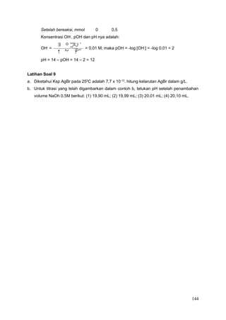144
︵
︶+
O
L
3
m
H
l
1
o
m
m
5
,
0
2
+
0
2
Setelah bereaksi, mmol 0 0,5
Konsentrasi OH-
, pOH dan pH nya adalah:
OH- = = 0,01 M; maka pOH = -log [OH-] = -log 0,01 = 2
pH = 14 – pOH = 14 – 2 = 12
Latihan Soal 9
a. Diketahui Ksp AgBr pada 250C adalah 7,7 x 10-13. hitung kelarutan AgBr dalam g/L.
b. Untuk titrasi yang telah digambarkan dalam contoh b, tetukan pH setelah penambahan
volume NaOh 0,5M berikut: (1) 19,90 mL; (2) 19,99 mL; (3) 20,01 mL; (4) 20,10 mL.
 