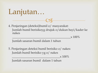 
4. Penjaringan (deteksi)bumil o/ masyarakat:
Jumlah bumil berisikoyg drujuk o/dukun bayi/kader ke
nakes
_______________________________________x 100%
Jumlah sasaran bumil dalam 1 tahun
5. Penjaringan deteksi bumil berisiko o/ nakes:
Jumlah bumil berisiko yg o/ nakes
________________________________x 100%
Jumlah sasaran bumil dalam 1 tahun
Lanjutan…
 