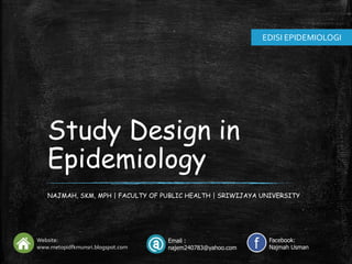 Study Design in
Epidemiology
Website:
www.metopidfkmunsri.blogspot.com
Email :
najem240783@yahoo.com
Facebook:
Najmah Usman
NAJMAH, SKM, MPH | FACULTY OF PUBLIC HEALTH | SRIWIJAYA UNIVERSITY
EDISI EPIDEMIOLOGI
 