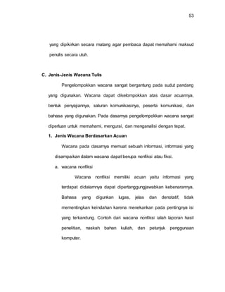 53
yang dipikirkan secara matang agar pembaca dapat memahami maksud
penulis secara utuh.
C. Jenis-Jenis Wacana Tulis
Pengelompokkan wacana sangat bergantung pada sudut pandang
yang digunakan. Wacana dapat dikelompokkan atas dasar acuannya,
bentuk penyajiannya, saluran komunikasinya, peserta komunikasi, dan
bahasa yang digunakan. Pada dasarnya pengelompokkan wacana sangat
diperluan untuk memahami, mengurai, dan menganalisi dengan tepat.
1. Jenis Wacana Berdasarkan Acuan
Wacana pada dasarnya memuat sebuah informasi, informasi yang
disampaikan dalam wacana dapat berupa nonfiksi atau fiksi.
a. wacana nonfiksi
Wacana nonfiksi memiliki acuan yaitu informasi yang
terdapat didalamnya dapat dipertanggungjawabkan kebenarannya.
Bahasa yang digunkan lugas, jelas dan denotatif, tidak
mementingkan keindahan karena menekankan pada pentingnya isi
yang terkandung. Contoh dari wacana nonfiksi ialah laporan hasil
penelitian, naskah bahan kuliah, dan petunjuk penggunaan
komputer.
 