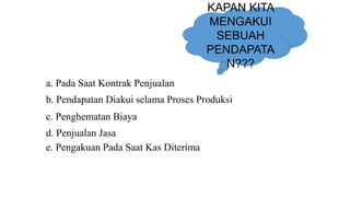 KAPAN KITA
MENGAKUI
SEBUAH
PENDAPATA
N???
a. Pada Saat Kontrak Penjualan
b. Pendapatan Diakui selama Proses Produksi
c. Penghematan Biaya
d. Penjualan Jasa
e. Pengakuan Pada Saat Kas Diterima
 