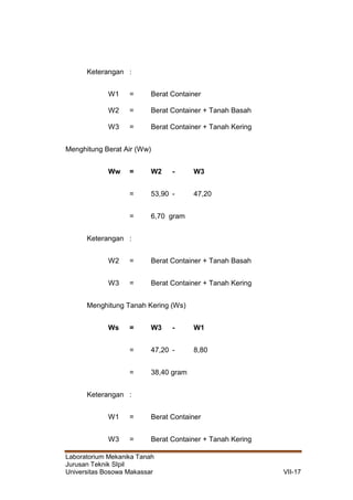 Laboratorium Mekanika Tanah
Jurusan Teknik SIpil
Universitas Bosowa Makassar VII-17
Keterangan :
W1 = Berat Container
W2 = Berat Container + Tanah Basah
W3 = Berat Container + Tanah Kering
Menghitung Berat Air (Ww)
Ww = W2 - W3
= 53,90 - 47,20
= 6,70 gram
Keterangan :
W2 = Berat Container + Tanah Basah
W3 = Berat Container + Tanah Kering
Menghitung Tanah Kering (Ws)
Ws = W3 - W1
= 47,20 - 8,80
= 38,40 gram
Keterangan :
W1 = Berat Container
W3 = Berat Container + Tanah Kering
 