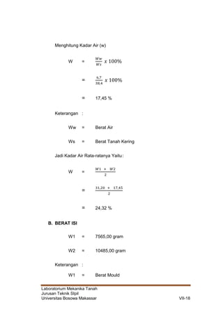 Laboratorium Mekanika Tanah
Jurusan Teknik SIpil
Universitas Bosowa Makassar VII-18
Menghitung Kadar Air (w)
W =
𝑊𝑤
𝑊𝑠
𝑥 100%
=
6,7
38,4
𝑥 100%
= 17,45 %
Keterangan :
Ww = Berat Air
Ws = Berat Tanah Kering
Jadi Kadar Air Rata-ratanya Yaitu:
W =
𝑊1 + 𝑊2
2
=
31,20 + 17,45
2
= 24,32 %
B. BERAT ISI
W1 = 7565,00 gram
W2 = 10485,00 gram
Keterangan :
W1 = Berat Mould
 