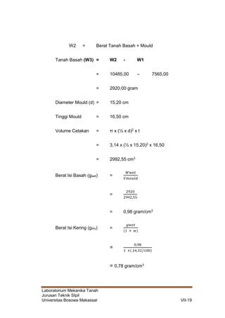 Laboratorium Mekanika Tanah
Jurusan Teknik SIpil
Universitas Bosowa Makassar VII-19
W2 = Berat Tanah Basah + Mould
Tanah Basah (W3) = W2 - W1
= 10485,00 – 7565,00
= 2920,00 gram
Diameter Mould (d) = 15,20 cm
Tinggi Mould = 16,50 cm
Volume Cetakan = π x (½ x d)2 x t
= 3,14 x (½ x 15,20)2 x 16,50
= 2992,55 cm3
Berat Isi Basah (gwet) =
𝑊𝑤𝑒𝑡
𝑉𝑚𝑜𝑢𝑙𝑑
=
2920
2992,55
= 0,98 gram/cm3
Berat Isi Kering (gdry) =
𝑔𝑤𝑒𝑡
(1 + 𝑤)
=
0,98
1 +( 24,32/100)
= 0,78 gram/cm3
 