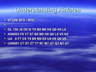 Understanding Airfares 07JUN SFO / NYC  DL 150 J9 D9 I6 Y9 B9 M9 H9 Q9 K9 L0 AS6003 F0 Y7 S7 B0 M0 H0 Q0 L0 V0 K0 UA  8 F7 C9 Y9 B9 M9 E9 U9 H9 Q9 V9 US6691 C7 D7 Z7 Y7 B7 M7 H7 Q7 N7 V7 