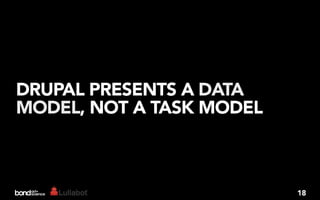 DRUPAL PRESENTS A DATA
MODEL, NOT A TASK MODEL



                          18
 