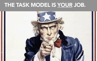 THE TASK MODEL IS YOUR JOB.



DRUPAL PRESENTS A DATA
MODEL, NOT A TASK MODEL



                              19
 
