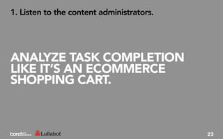 1. Listen to the content administrators.




ANALYZE TASK COMPLETION
LIKE IT’S AN ECOMMERCE
SHOPPING CART.



                                           23
 