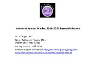 Baby Milk Powder Market 2016-2021 Research Report
No. of Pages: 157
No. of Tables and Figures: 150+
Publish Date: May 9 2016
Pricing Starts at : US$ 2800
Complete report available at http://emarketorg.com/pro/global-
baby-milk-powder-industry-2016-market-research-report/
 