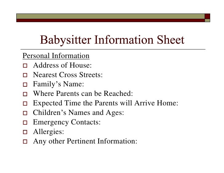 babysitters information sheet babysitters information sheet