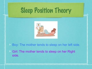 Sleep Position Theory




Boy: The mother tends to sleep on her left side.

Girl: The mother tends to sleep on her Right
side.
 
