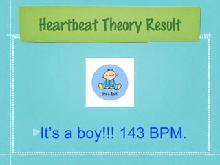 Heartbeat Theory Result




It’s a boy!!! 143 BPM.
 