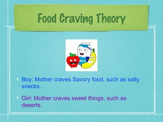 Food Craving Theory




Boy: Mother craves Savory food, such as salty
snacks.

Girl: Mother craves sweet things, such as
deserts.
 