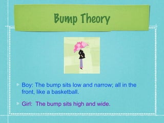 Bump Theory




Boy: The bump sits low and narrow; all in the
front, like a basketball.

Girl: The bump sits high and wide.
 