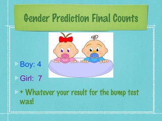 Gender Prediction Final Counts



Boy: 4
Girl: 7
+ Whatever your result for the bump test
was!
 