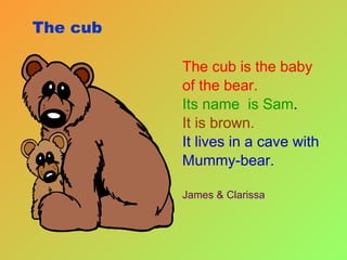 The cub The cub is the baby of the bear. Its name  is Sam .  It is brown. It lives in a cave with Mummy-bear. James & Clarissa 