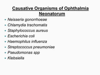 Causative Organisms of Ophthalmia
Neonatorum
 Neisseria gonorrhoeae
 Chlamydia trachomatis
 Staphylococcus aureus
 Escherichia coli
 Haemophilus influenza
 Streptococcus pneumoniae
 Pseudomonas spp
 Klebsiella
 