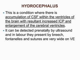 HYDROCEPHALUS
 This is a condition where there is
accumulation of CSF within the ventricles of
the brain with resultant increased ICP and
enlargement of the cerebral ventricles.
 It can be detected prenatally by ultrasound
and in labour they present by breech,
fontanelles and sutures are very wide on VE
 