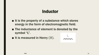 Inductor
■ It is the property of a substance which stores
energy in the form of electromagnetic field.
■ The inductance of element is denoted by the
symbol “L”.
■ It is measured in Henry Η .
KGB 11
 