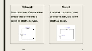 Network
Interconnection of two or more
simple circuit elements is
called an electric network.
Circuit
A network contains at least
one closed path, it is called
electrical circuit.
KGB 7
 