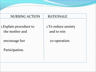 NURSING ACTION RATIONALE
1.Explain procedure to 1.To reduce anxiety
the mother and and to win
encourage her co-operation.
Participation.
 