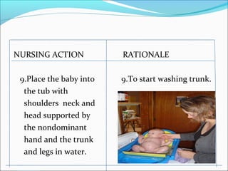 NURSING ACTION RATIONALE
9.Place the baby into 9.To start washing trunk.
the tub with
shoulders neck and
head supported by
the nondominant
hand and the trunk
and legs in water.
 
