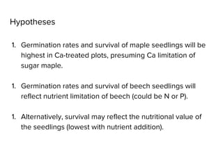 Hypotheses
1. Germination rates and survival of maple seedlings will be
highest in Ca-treated plots, presuming Ca limitati...