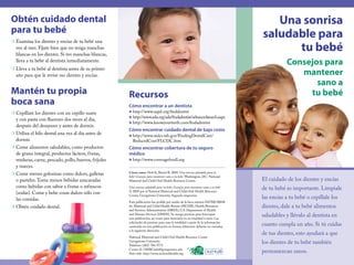 Obtén cuidado dental                                                                                                                   Una sonrisa
para tu bebé                                                                                                                        saludable para
    Examina los dientes y encías de tu bebé una
                                                                                                                                          tu bebé
m
    vez al mes. Fíjate bien que no tenga manchas
    blancas en los dientes. Si ves manchas blancas,
    lleva a tu bebé al dentista inmediatamente.
                                                                                                                                               Consejos para
    Lleva a tu bebé al dentista antes de su primer
                                                                                                                                                  mantener
m
    año para que le revise sus dientes y encías.
                                                                                                                                                      sano a
Mantén tu propia                                        Recursos                                                                                    tu bebé
boca sana                                               Cómo encontrar a un dentista
m   Cepíllate los dientes con un cepillo suave          	n   http://www.aapd.org/finddentist
                                                             http://www.ada.org/ada/findadentist/advancedsearch.aspx
    y con pasta con fluoruro dos veces al día,
                                                        	n

                                                        	n   http://www.knowyourteeth.com/findadentist
    después del desayuno y antes de dormir.
                                                        Cómo encontrar cuidado dental de bajo costo
m   Utiliza el hilo dental una vez al día antes de      	n   http://www.nidcr.nih.gov/FindingDentalCare/
    dormir.                                                  ReducedCost/FLCDC.htm
m   Come alimentos saludables, como productos           Cómo encontrar cobertura de tu seguro
    de grano integral, productos lácteos, frutas,       médico
    verduras, carne, pescado, pollo, huevos, frijoles   	n   http://www.coverageforall.org
    y nueces.
                                                        Cítese como: Holt K, Barzel R. 2009. Una sonrisa saludable para tu
m   Come menos golosinas como dulces, galletas          bebé: Consejos para mantener sano a tu bebé. Washington, DC: National
    o pasteles. Toma menos bebidas azucaradas           Maternal and Child Oral Health Resource Center.                             El cuidado de los dientes y encías
    como bebidas con sabor a frutas o refrescos         Una sonrisa saludable para tu bebé: Consejos para mantener sano a tu bebé   de tu bebé es importante. Límpiale
                                                        © 2009 por el National Maternal and Child Oral Health Resource
    (sodas). Come y bebe cosas dulces sólo con
    las comidas.
                                                        Center, Georgetown University. Segunda impresión.
                                                                                                                                    las encías a tu bebé o cepíllale los
                                                        Esta publicación fue posible por medio de la beca número H47MC00048
m   Obtén cuidado dental.                               de: Maternal and Child Health Bureau (MCHB), Health Resources               dientes, dale a tu bebé alimentos
                                                        and Services Administration (HRSA), U.S. Department of Health
                                                        and Human Services (DHHS). Se otorga permiso para fotocopiar
                                                        esta publicación, así como para reenviarla en su totalidad a otros. Las
                                                                                                                                    saludables y llévalo al dentista en
                                                        solicitudes de permiso para usar la totalidad o parte de la información
                                                        contenida en esta publicación en formas diferentes deberán ser enviadas
                                                                                                                                    cuanto cumpla un año. Si tú cuidas
                                                        a la siguiente dirección.
                                                                                                                                    de tus dientes, esto ayudará a que
                                                        National Maternal and Child Oral Health Resource Center
                                                        Georgetown University
                                                        Teléfono: (202) 784-9771
                                                                                                                                    los dientes de tu bebé también
                                                        Correo-E: OHRCinfo@georgetown.edu
                                                        Sitio web: http://www.mchoralhealth.org
                                                                                                                                    permanezcan sanos.
 