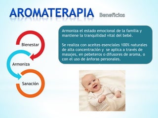 Bienestar
Armoniza
Sanación
Armoniza el estado emocional de la familia y
mantiene la tranquilidad vital del bebé.
Se realiza con aceites esenciales 100% naturales
de alta concentración y se aplica a través de
masajes, en pebeteros o difusores de aroma, o
con el uso de ánforas personales.
-
 