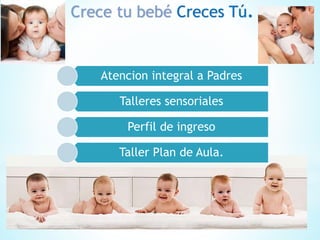 Crece tu bebé Creces Tú.
Atencion integral a Padres
Talleres sensoriales
Perfil de ingreso
Taller Plan de Aula.
 