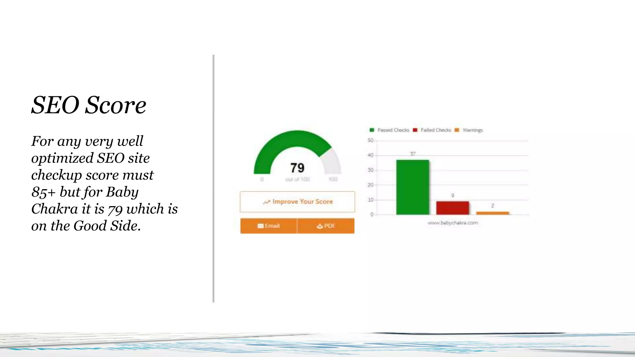 SEO Score
For any very well
optimized SEO site
checkup score must
85+ but for Baby
Chakra it is 79 which is
on the Good Side.
 