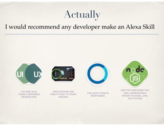 Actually
I would recommend any developer make an Alexa Skill
YOU SEE UI/UX
FROM A DIFFERENT
PERSPECTIVE
APPLICATIONS ARE
PRETTY EASY TO START
WRITING
THE ALEXA TEAM IS
RESPONSIVE
USE THE CODE BASE YOU
FEEL COMFORTABLE
WITH(IF ITS NODE, JAVA,
OR PYTHON)
 