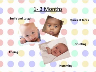 1- 3 Months
Cooing
Grunting
Stares at facesSmile and Laugh
Humming
 