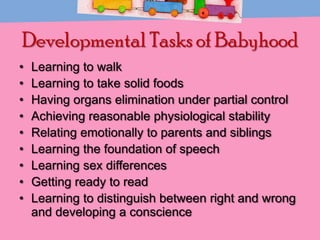 Developmental Tasks of Babyhood
•
•
•
•
•
•
•
•
•

Learning to walk
Learning to take solid foods
Having organs elimination under partial control
Achieving reasonable physiological stability
Relating emotionally to parents and siblings
Learning the foundation of speech
Learning sex differences
Getting ready to read
Learning to distinguish between right and wrong
and developing a conscience

 