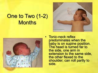 One to Two (1-2)
Months
• Tonic-neck reflex
predominates when the
baby is on supine position.
The head is turned far to
the side, one arm in
extension to the same side,
the other flexed to the
shoulder; can roll partly to
side.

 
