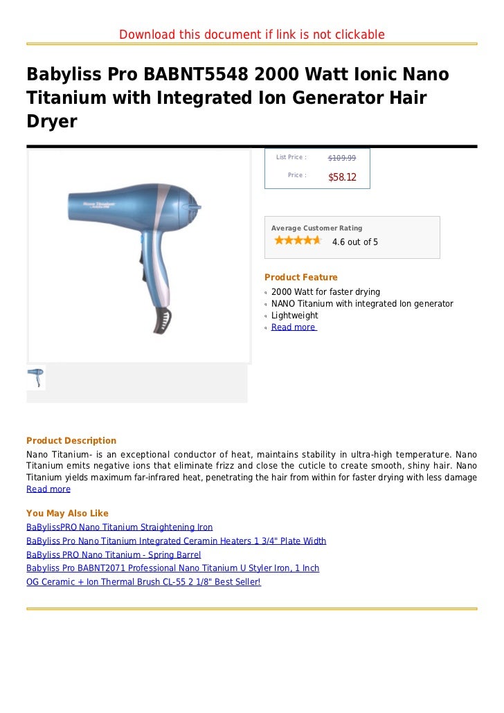 Babyliss pro babnt5548 2000 watt ionic nano titanium with integrated